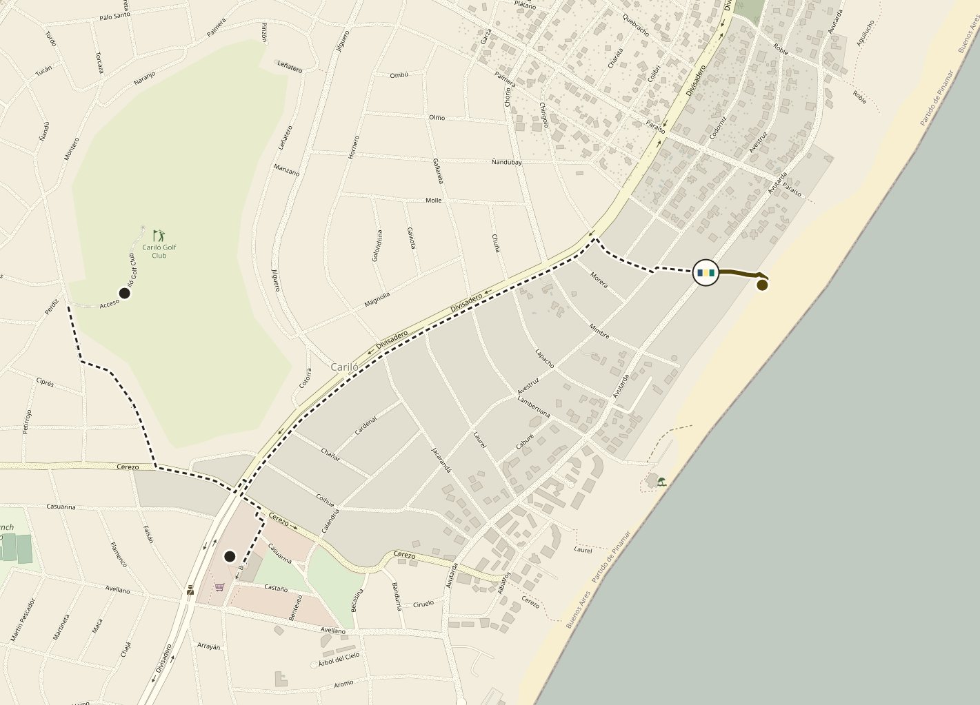 Mapa de Cariló con La Stefanía en la esquina de Nogal y Avutarda, el camino a pie hasta la playa y los recorridos hasta el centro comercial y el Cariló Golf